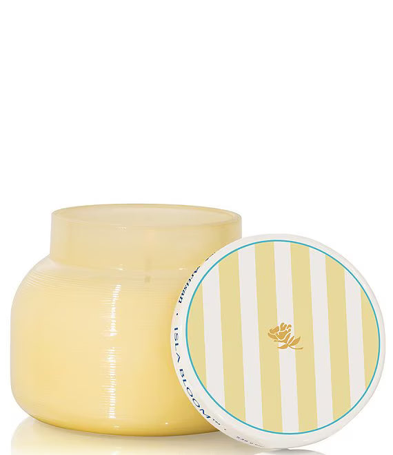 Yellow jar with striped lid on a white background