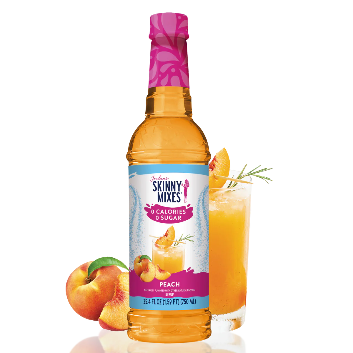 Skinny Mixes peach syrup bottle with a glass of peach juice and peaches on a white background