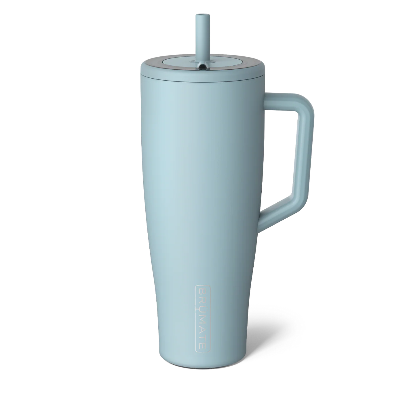 A light blue insulated travel tumbler with a matching handle, lid, and straw, shown on a clean white background. The brand name 'CUPPAK' is embossed vertically near the bottom.