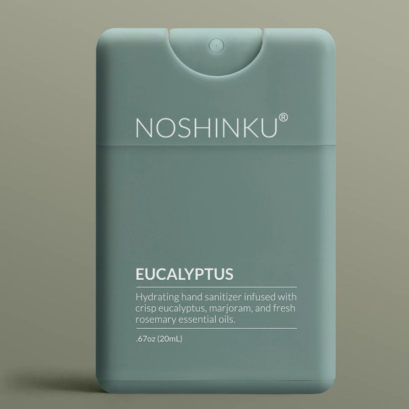 Noshinku Eucalyptus hand sanitizer packaging on a beige background