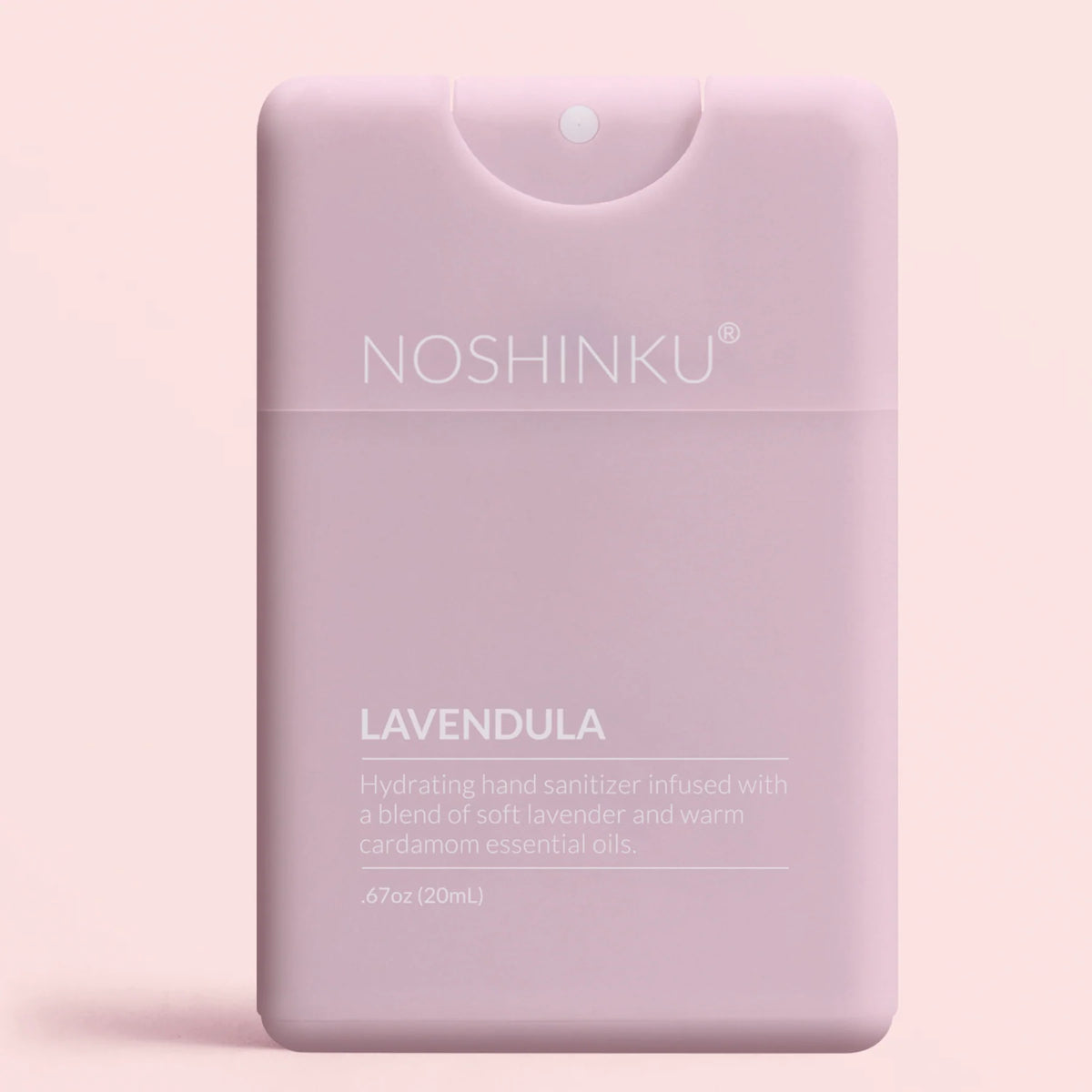 Noshinku Lavendula hand sanitizer bottle on a light pink background