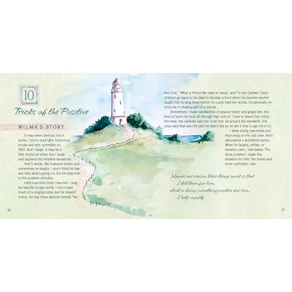 Page from a book with a scenic illustration of a lighthouse on a hill and text.