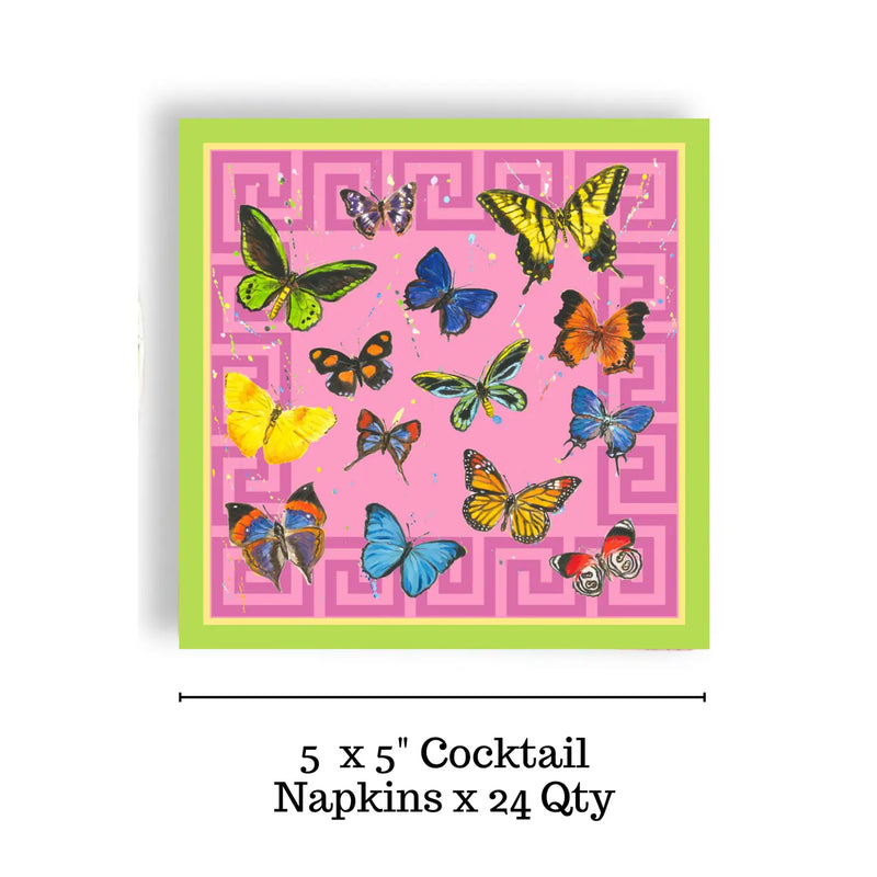 Cocktail napkins with colorful butterfly design on a pink background, dimensions 5 x 5 inches, quantity 24.