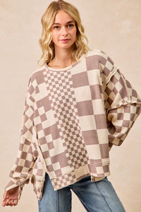 Checker Print Washed Cut Edge Detail Oversized Waffle Thermal Sweatshirt