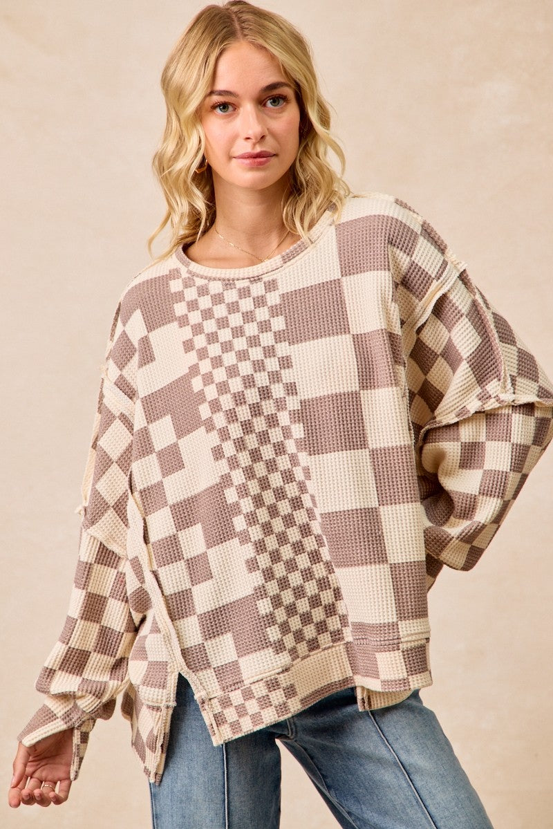 Checker Print Washed Cut Edge Detail Oversized Waffle Thermal Sweatshirt