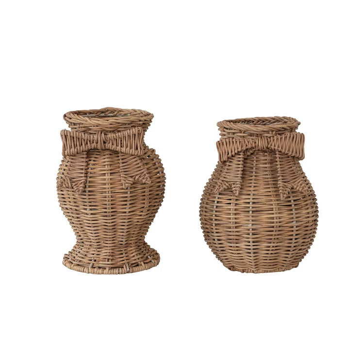 Hand - Woven Rattan Vase With Bow & Glass Insert - 2 Styles