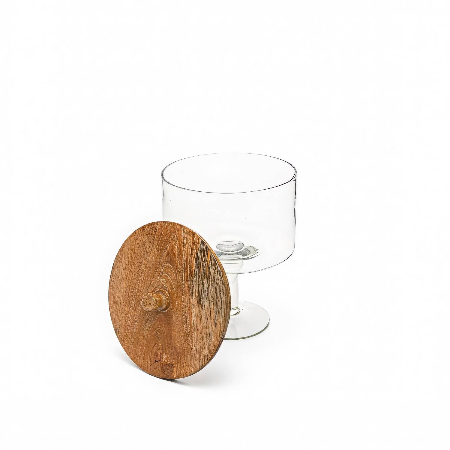Med. Pedestal Glass Jar with Wood Top: Glass / Mango Wood