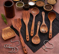 12 pcs Wooden Utensils Set with Holder, Spoon Rest & Hooks