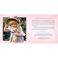 Young girl holding a teddy bear with a prayer text on a pink background