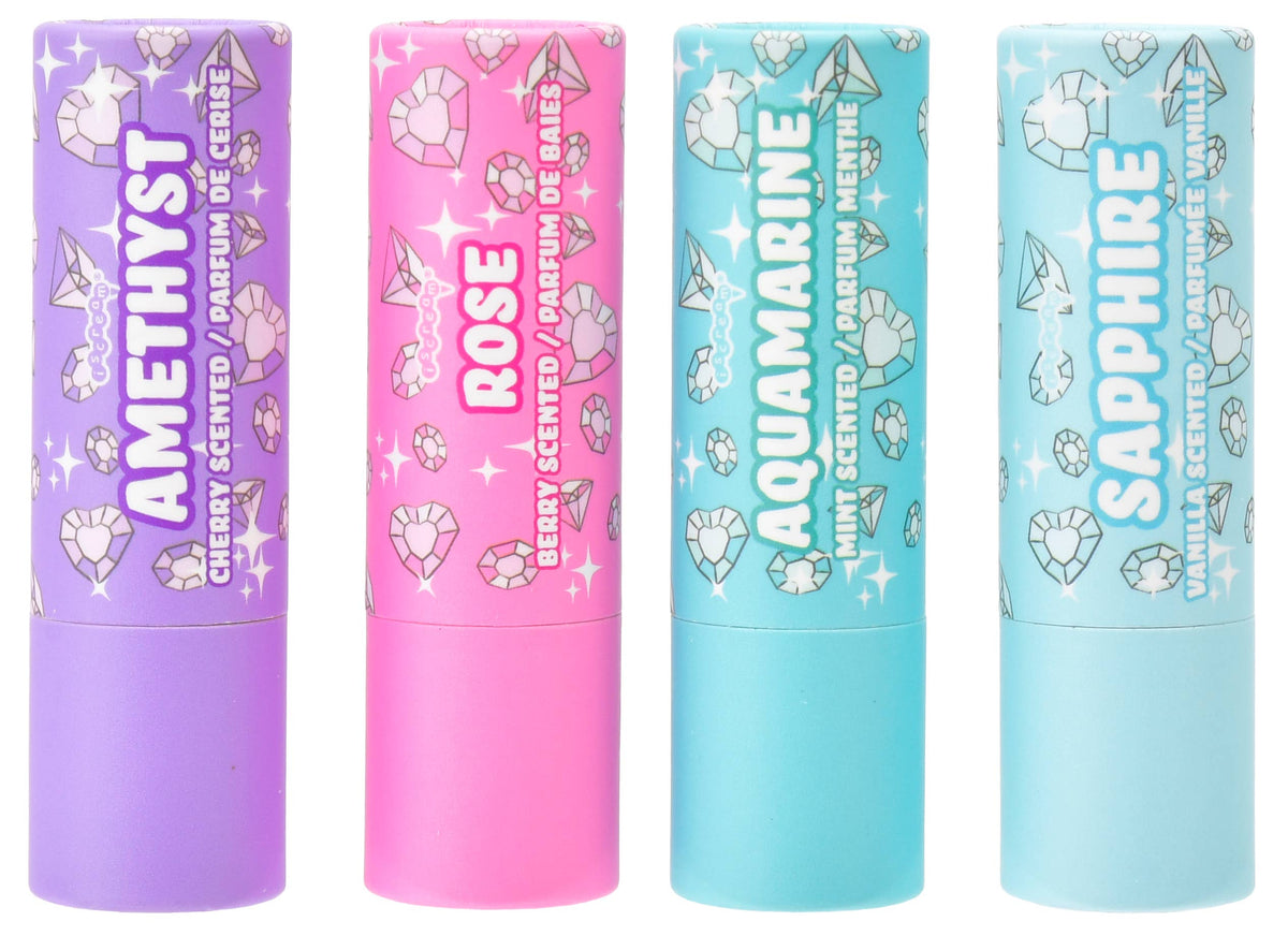 Picture of 4 lip balms in Amethyst, Rose, Aqua Marine, and Sapphire 