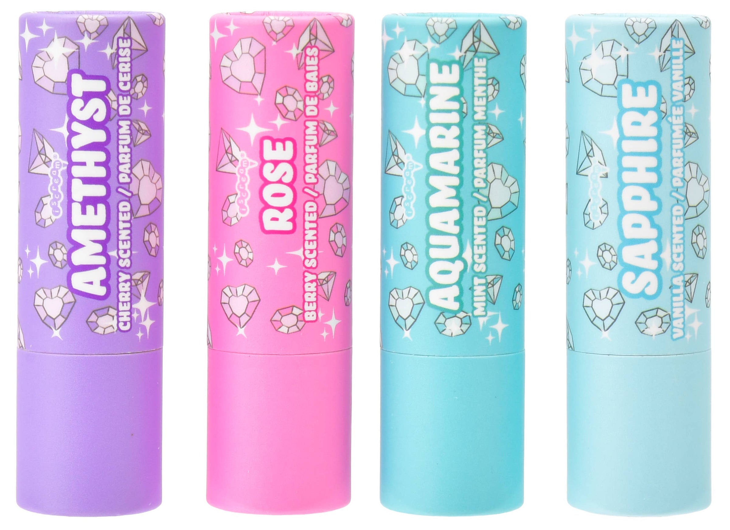 Picture of 4 lip balms in Amethyst, Rose, Aqua Marine, and Sapphire 