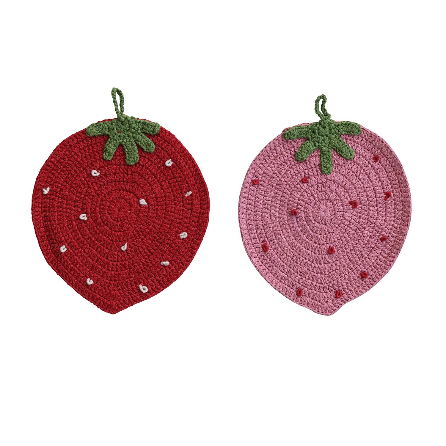 Two strawberry-shaped potholders, one red and one pink, on a white background.
