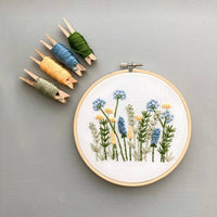 Embroidery hoop with floral design and colorful thread spools on a gray background