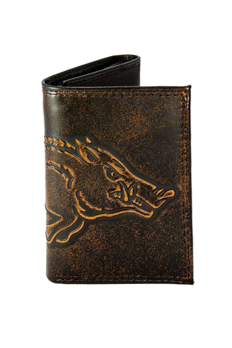 Brown leather wallet with an embossed alligator design on a white background