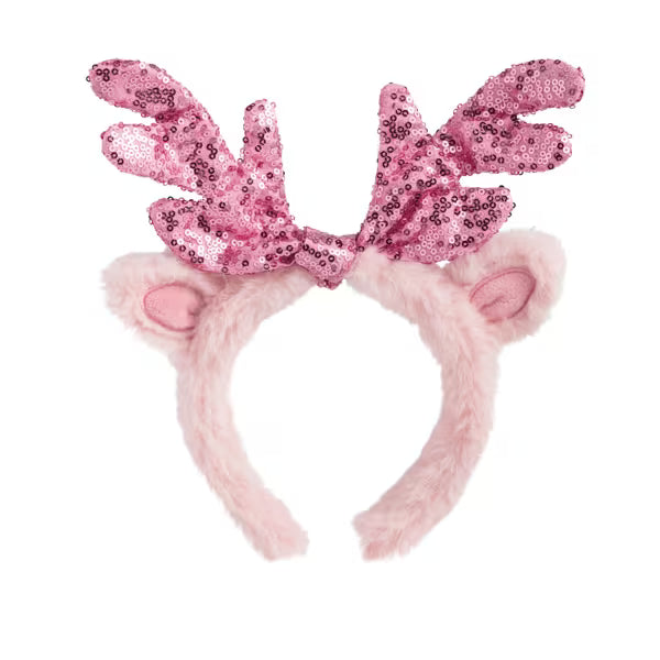 Pink reindeer antler headband with glittery details on a white background