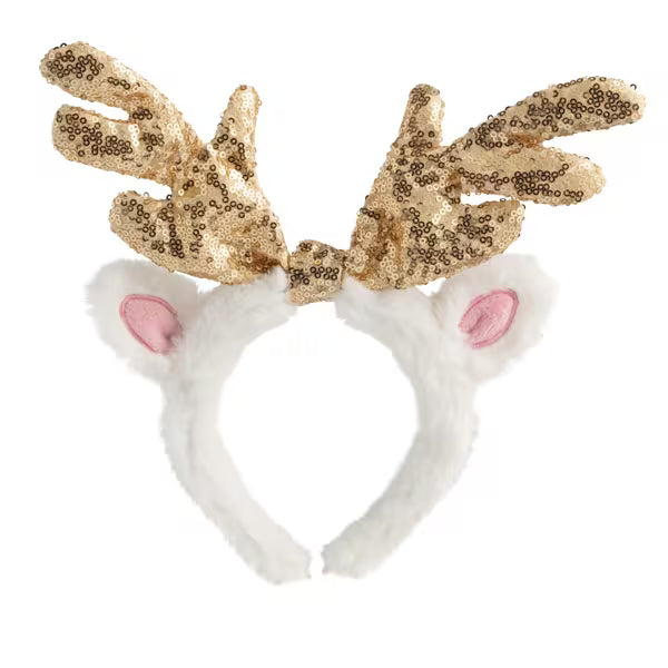 Gold sequin reindeer antlers on a white headband with pink nose on a white background