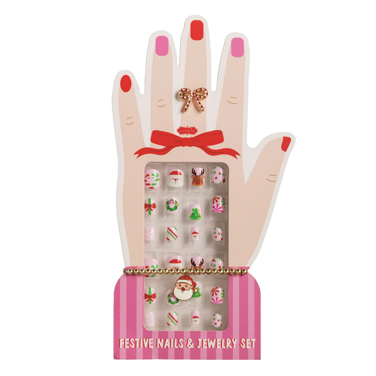 Festive nails and jewelry set in a hand-shaped box with red and pink accents.