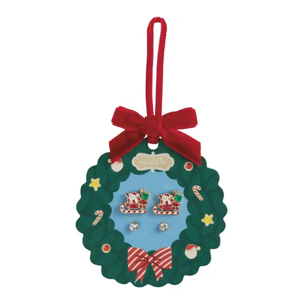 Christmas-themed earring set in a decorative card with a red ribbon on a white background
