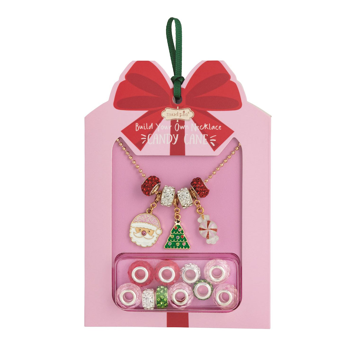 Christmas-themed necklace set with beads and charms in a pink packaging box.