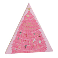 Pink Christmas tree-shaped advent calendar with numbers and festive designs on a white background