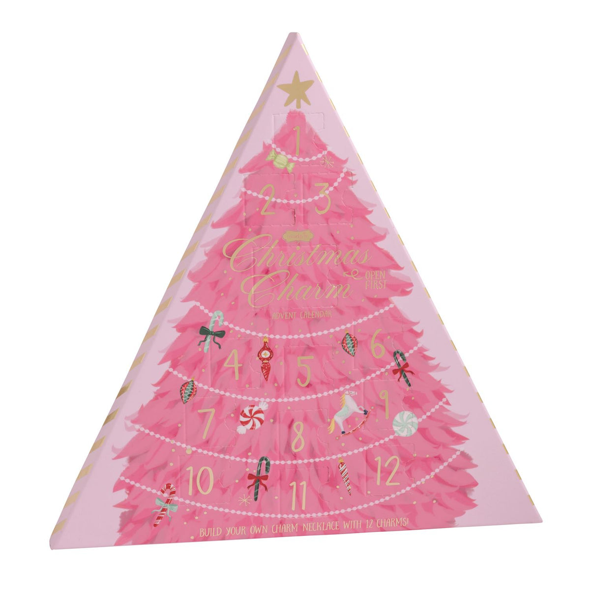 Pink Christmas tree-shaped advent calendar with numbers and festive designs on a white background