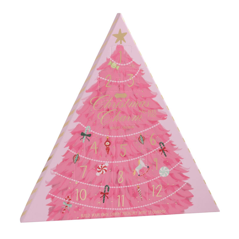 Pink Christmas tree-shaped advent calendar with numbers and festive designs on a white background