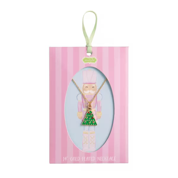 Gold flake necklace with a Nutcracker design in packaging on a white background