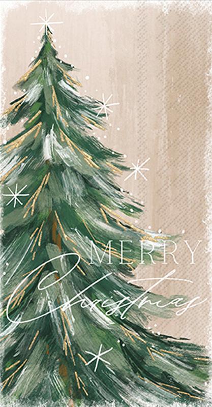 A festive Christmas art print featuring a painted green evergreen tree with white snow-like accents and the words 'Merry Christmas' in white script over a textured beige background.