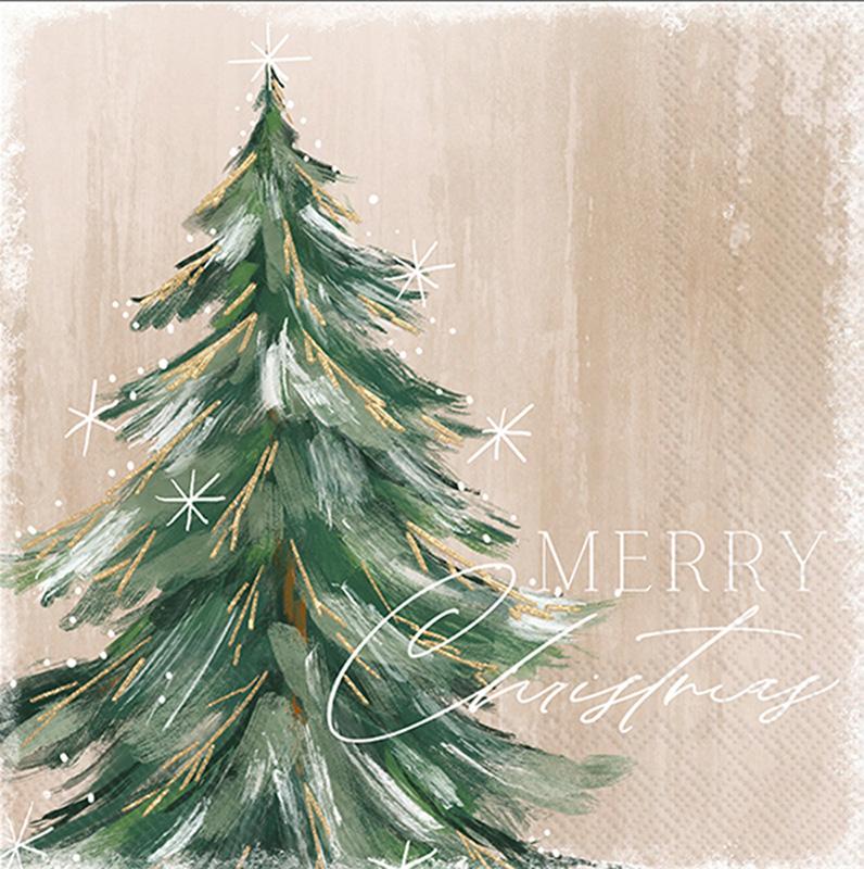 Hand-painted Christmas tree with 'Merry Christmas' text on a beige background