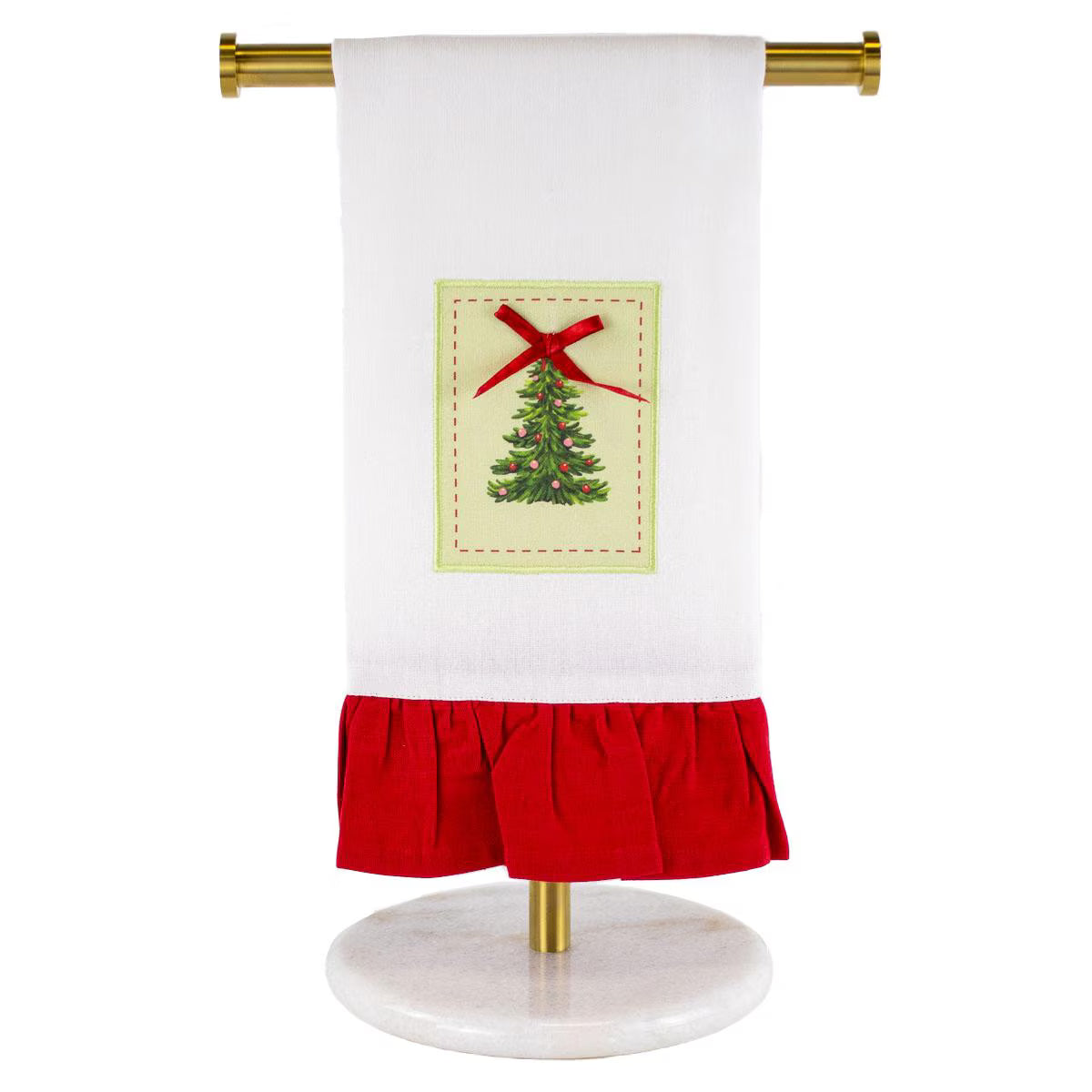 White hand towel with Christmas Tree applique with red ribbon and red ruffle at bottom.