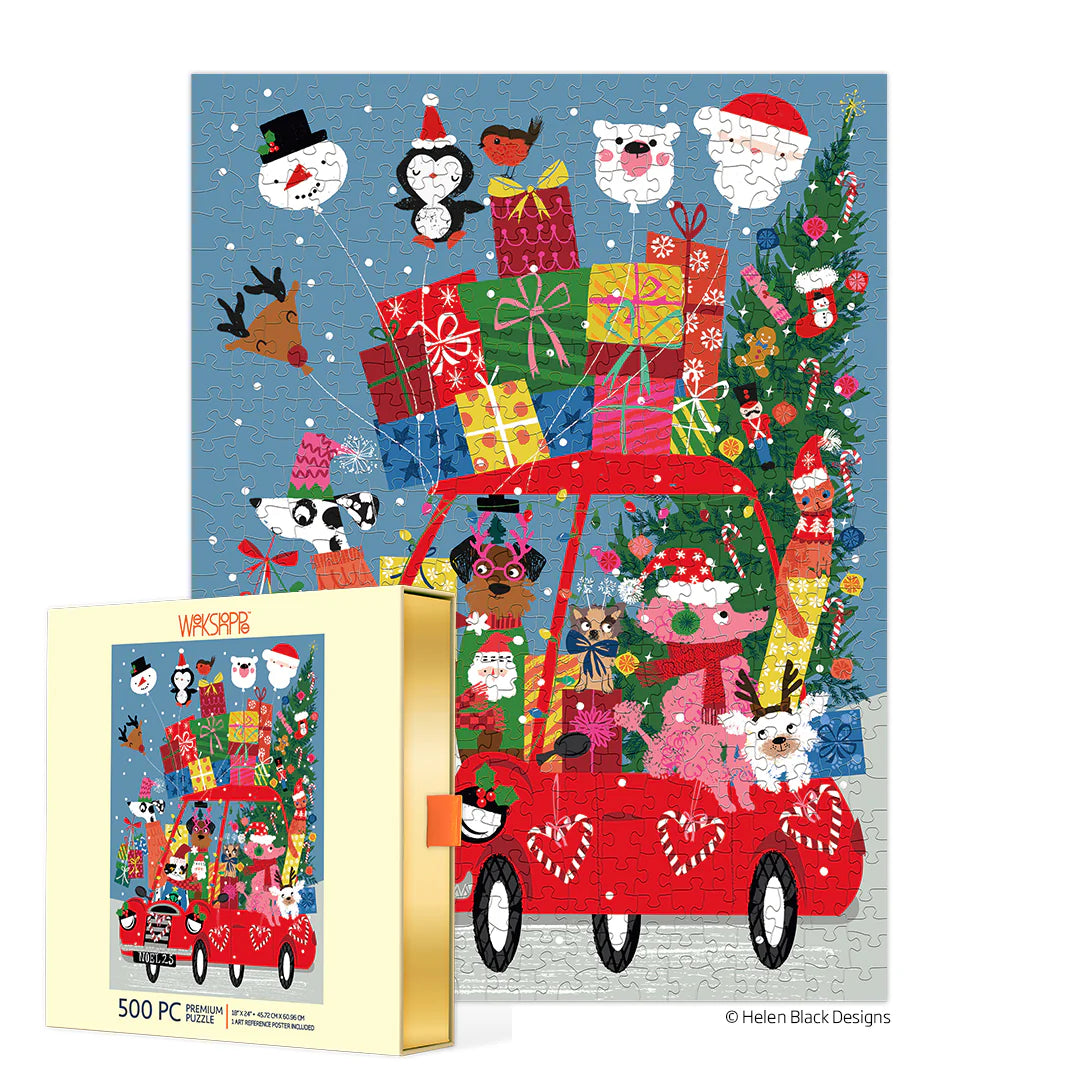 Christmas-themed puzzle with a red truck, presents, and festive animals on a blue background.