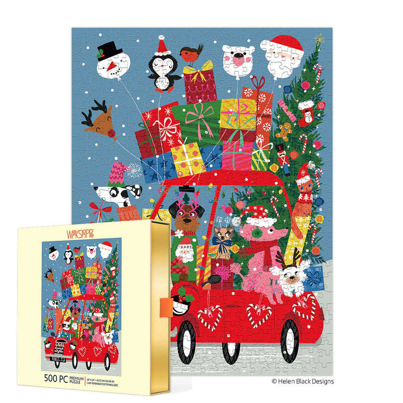 Christmas-themed puzzle with a red truck, presents, and festive animals on a blue background.