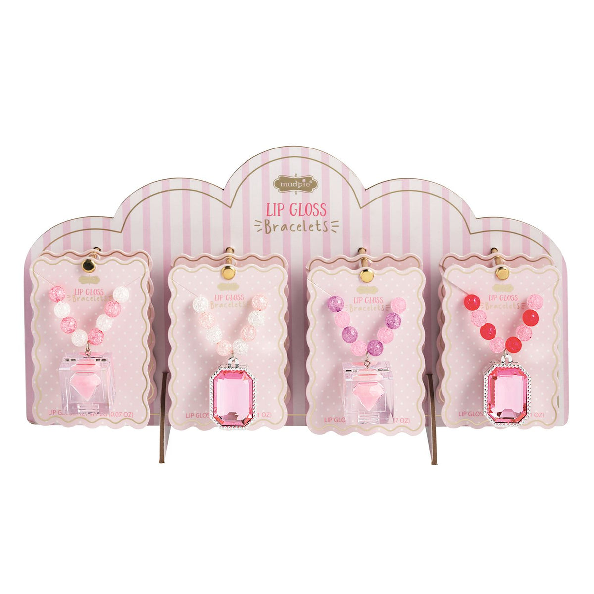 Four pink lip gloss bracelets displayed on a pink cloud-shaped jewelry stand. Each bracelet has a pink faceted gem pendant and different bead combinations in pink, white, and red.