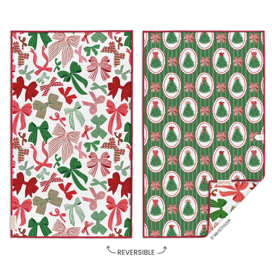 Two Christmas-themed fabric patterns on a white background, one with red and green bows and the other with green trees and red bows.