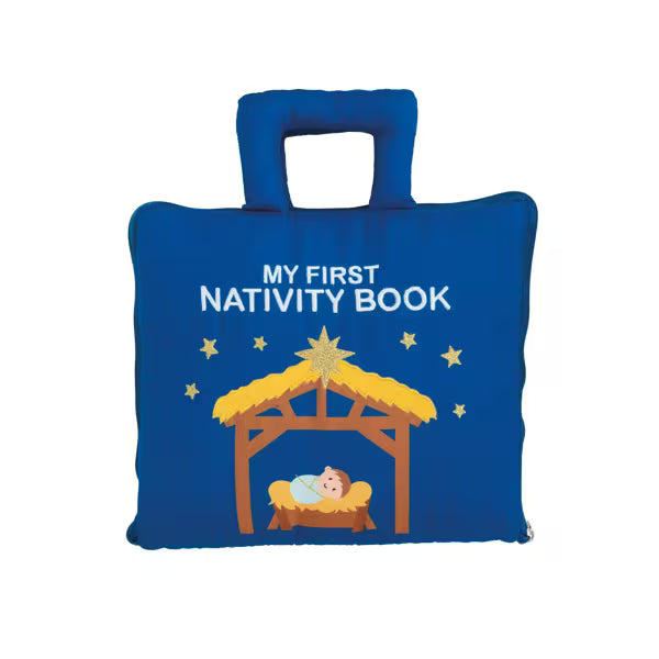 Blue fabric book with the words "My First Nativity Book" embroidered on cover on a white background