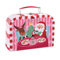 Red and white striped box with reindeer and Santa picture on front.