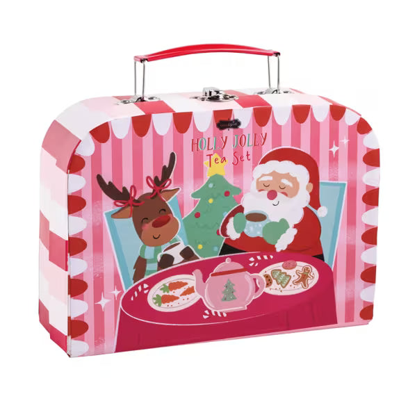 Red and white striped box with reindeer and Santa picture on front.