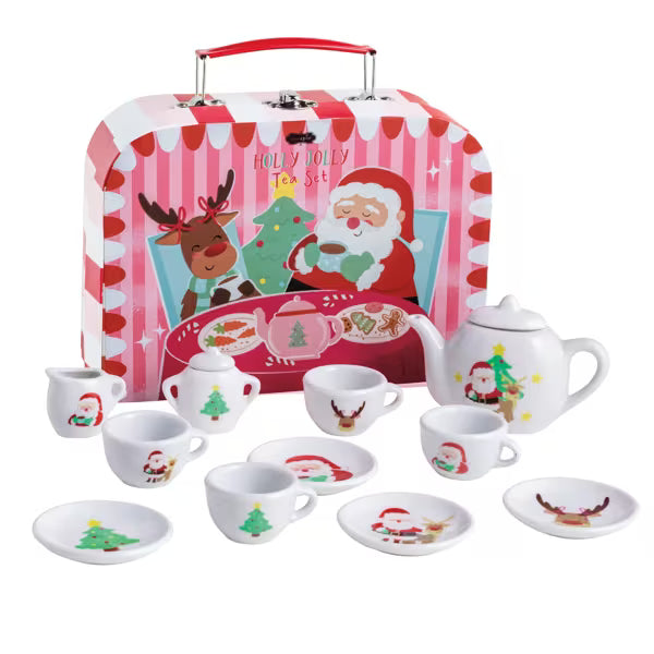 Children's Tea Set including tea pitcher, teacups, saucers, and sugar and creamer set with Santa and reindeer in a red and white striped box on a white background.