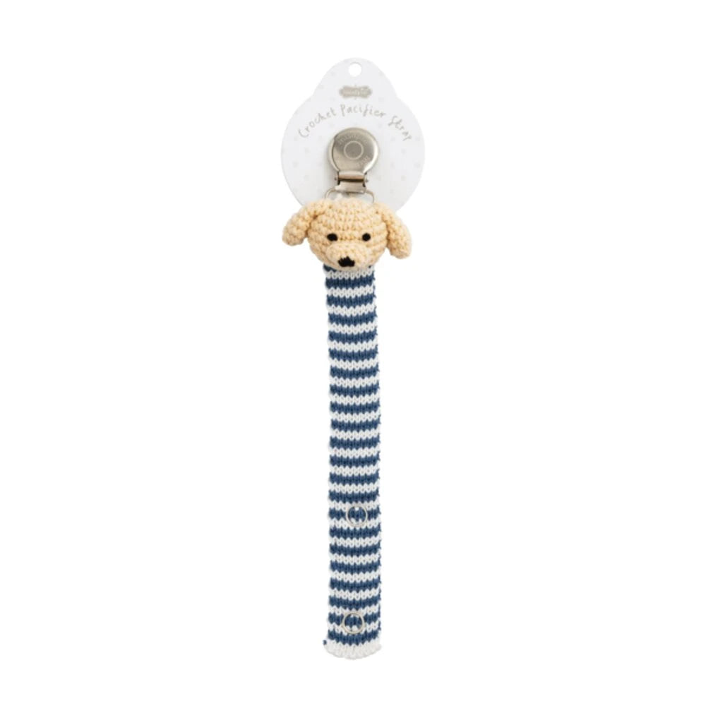 Striped dog toy with a clip on a white background
