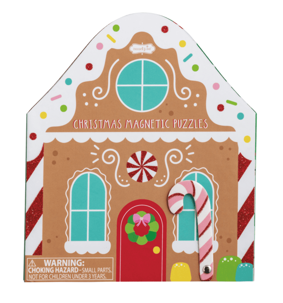 Gingerbread house-shaped Christmas magnetic puzzle packaging on a white background
