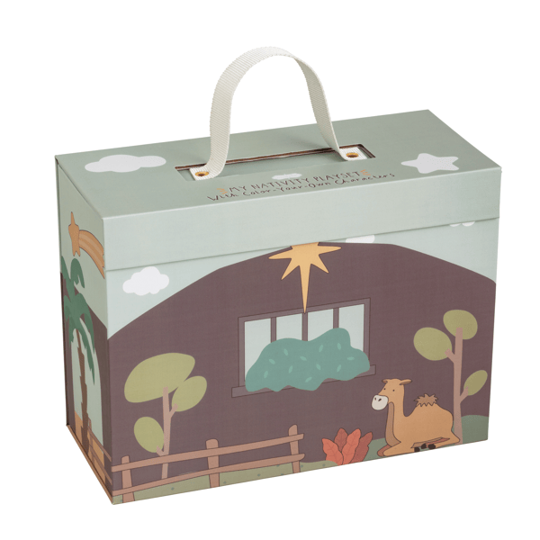 Gift box with nativity scene design on a white background