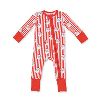 A baby long-sleeve footed sleeper with red and white vertical stripes and a pattern of Santa Claus faces, featuring a red zipper and solid red cuffs and leg cuffs, shown flat on a white background.