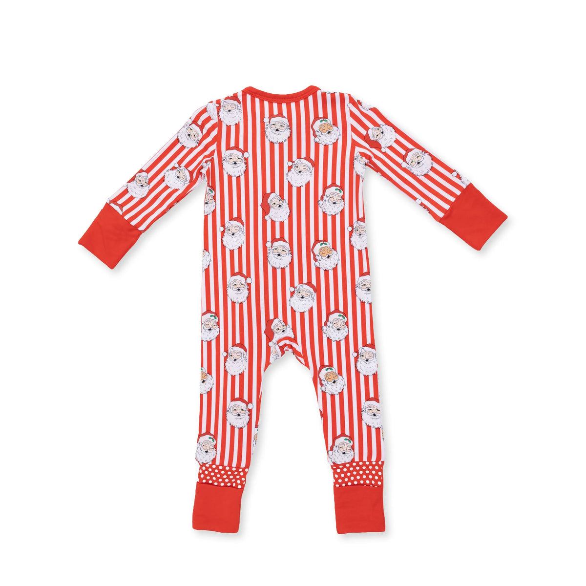 A baby long-sleeve footed sleeper with red and white vertical stripes, decorated with a pattern of cartoon Santa Claus faces, and finished with solid red cuffs and leg cuffs.