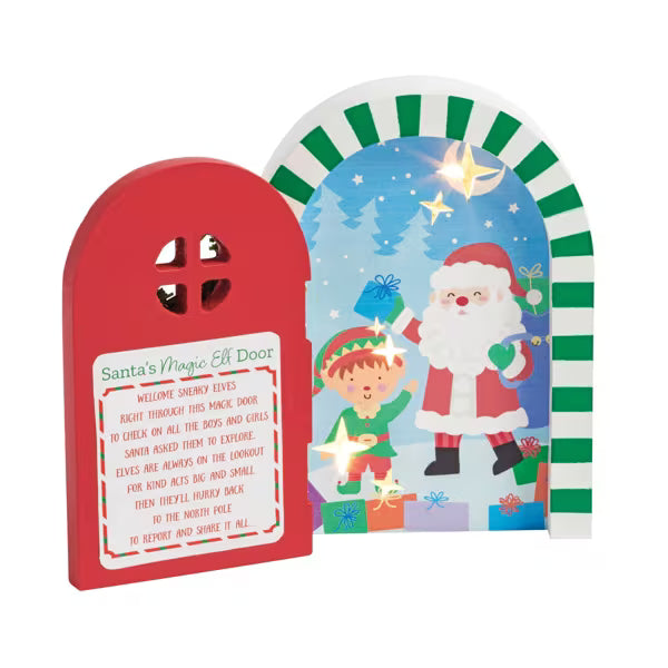 Christmas-themed door with Santa Claus and an elf, featuring a red door and colorful window.