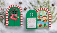 Three Christmas-themed doors on a snowy background with decorative elements.