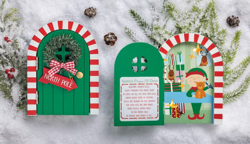 Three Christmas-themed doors on a snowy background with decorative elements.