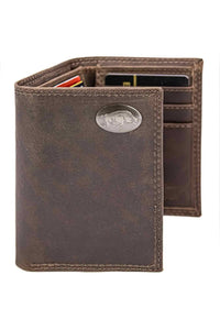 Brown leather wallet with a metallic emblem on a white background