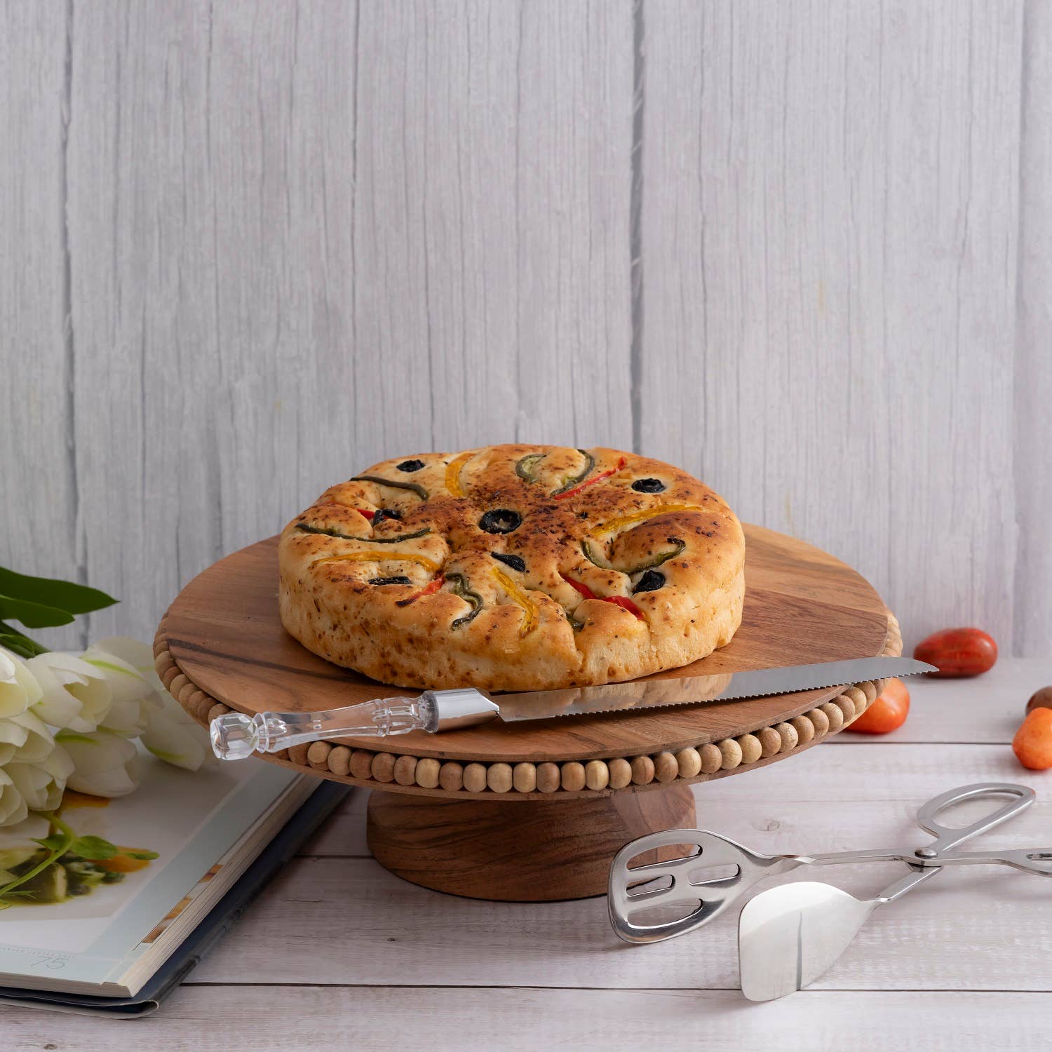 Acacia Wood Beaded Footed Cake Plate