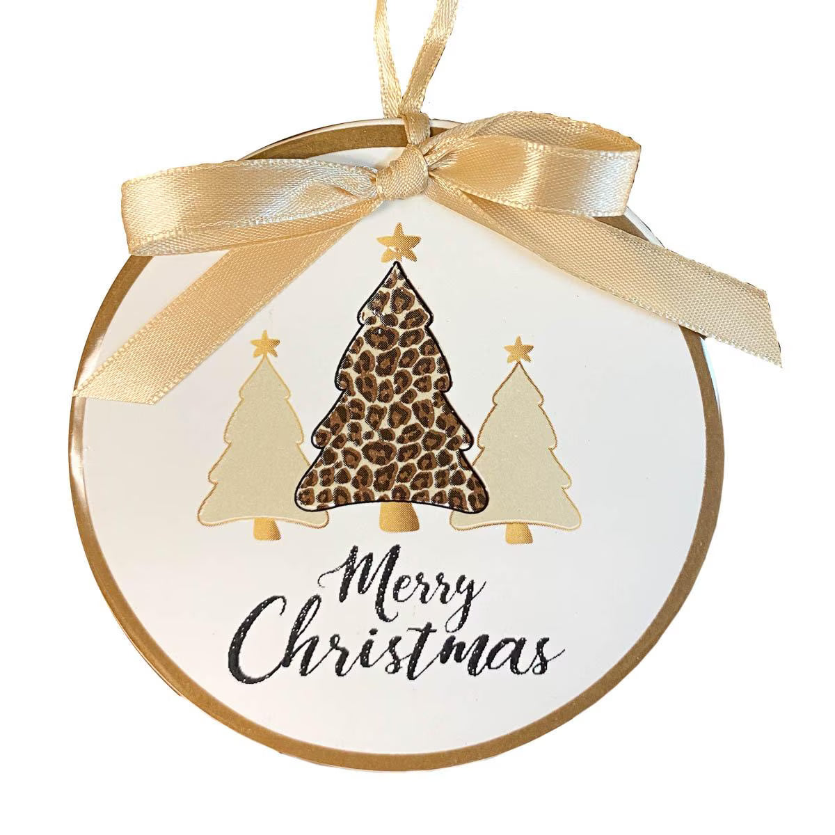 Round Christmas ornament with a gold ribbon bow and hanging loop, featuring a central leopard-print Christmas tree and two beige trees with the words 'Merry Christmas' on a white background.