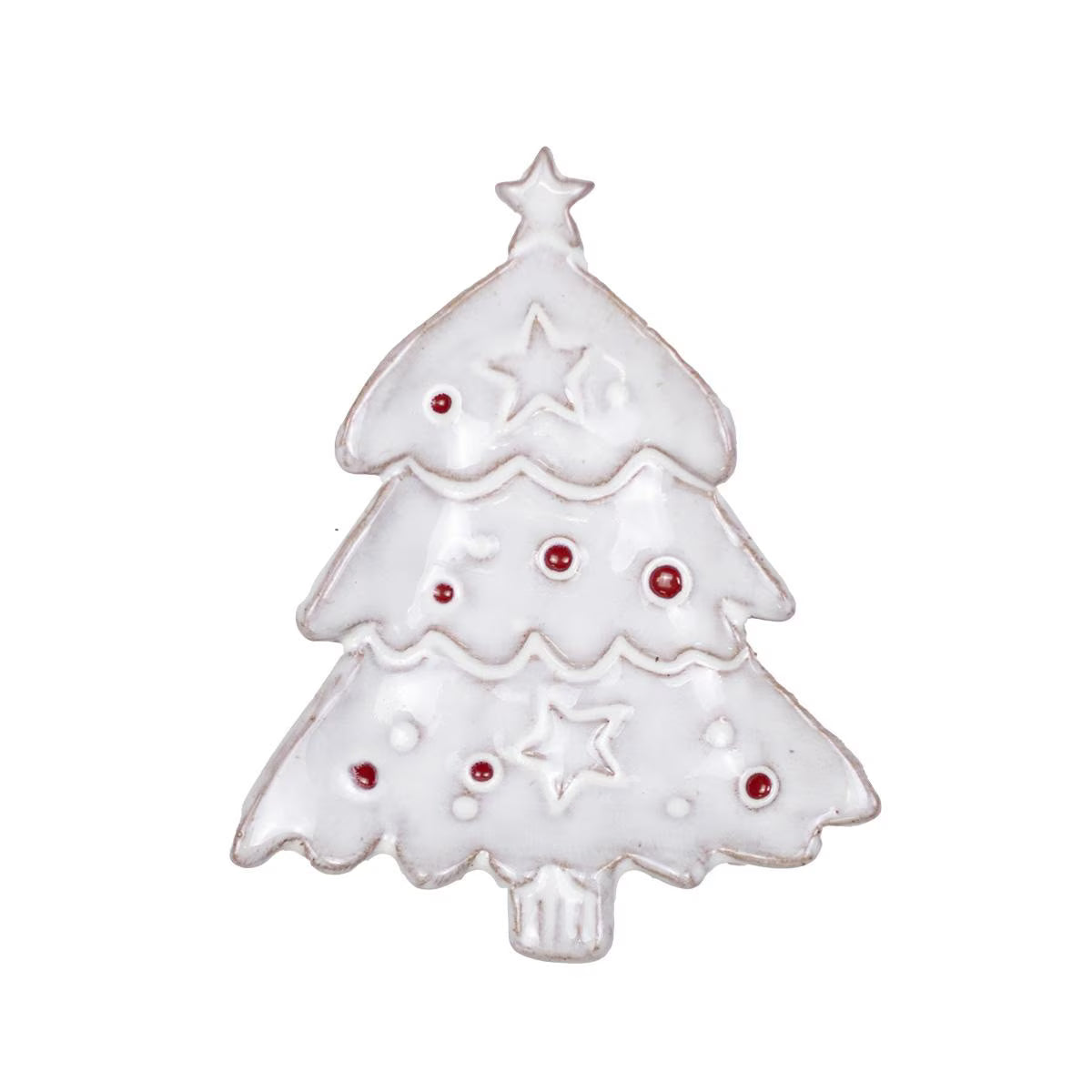 A white enamel Christmas tree charm with red enamel dots and star details, isolated on a white background.